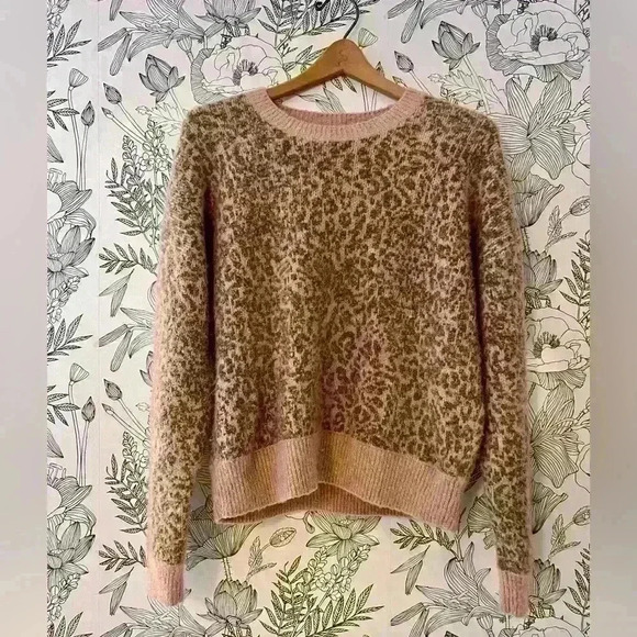 Madewell Wool Shrunken Pullover Sweater in Leopard Print Women’s Size L - Pink - Picture 1 of 4